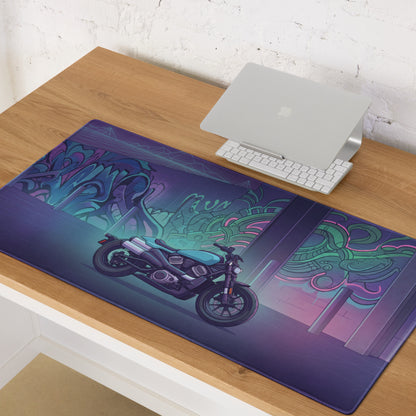 Sportster S Inspired Teal Purple Vaporwave Gaming Mouse Pad – Neon Graffiti Garage Desk Mat, Retro Futuristic Cruiser Digital Art