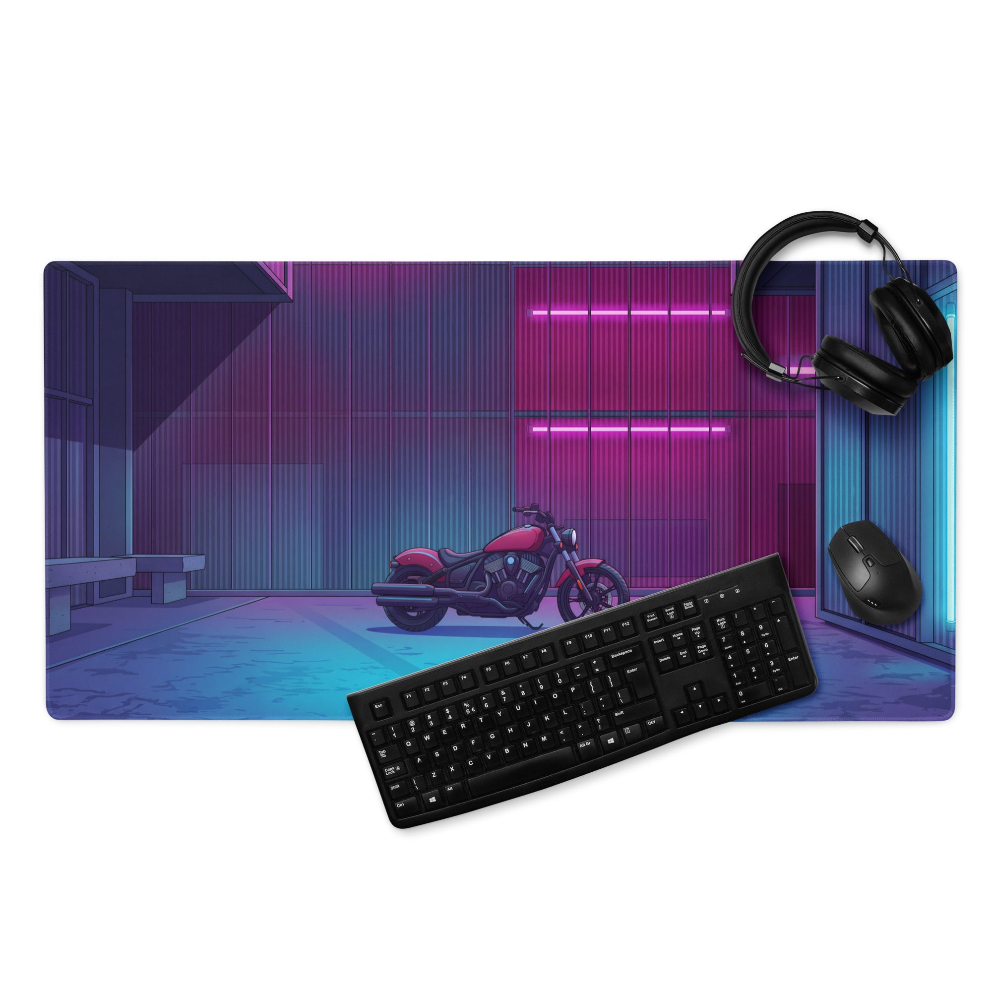 Indian Scout Bobber Inspired Magenta Blue Vaporwave Gaming Mouse Pad – Neon Industrial Garage Desk Mat, Retro Futuristic Cruiser Digital Art