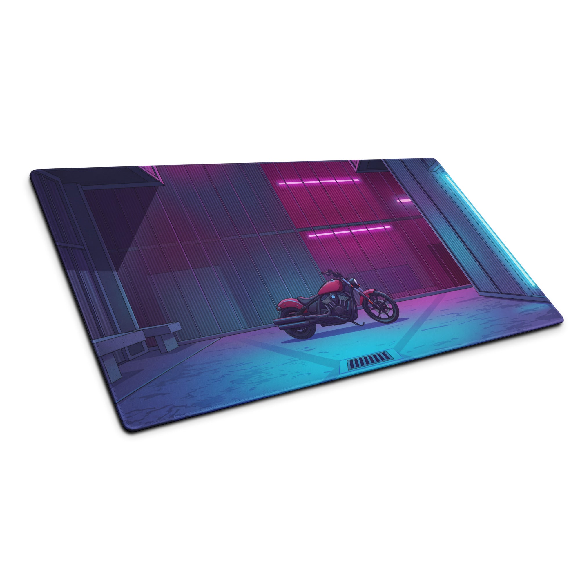 Indian Scout Bobber Inspired Magenta Blue Vaporwave Gaming Mouse Pad – Neon Industrial Garage Desk Mat, Retro Futuristic Cruiser Digital Art