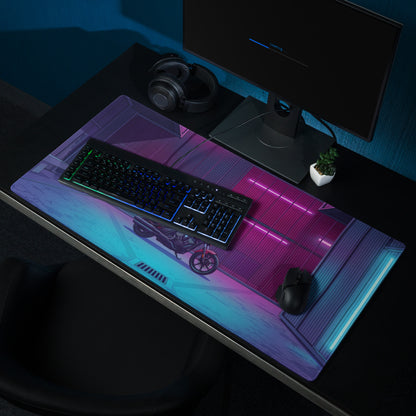 Indian Scout Bobber Inspired Magenta Blue Vaporwave Gaming Mouse Pad – Neon Industrial Garage Desk Mat, Retro Futuristic Cruiser Digital Art