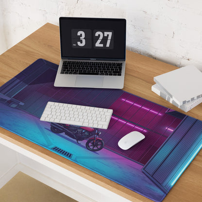 Indian Scout Bobber Inspired Magenta Blue Vaporwave Gaming Mouse Pad – Neon Industrial Garage Desk Mat, Retro Futuristic Cruiser Digital Art