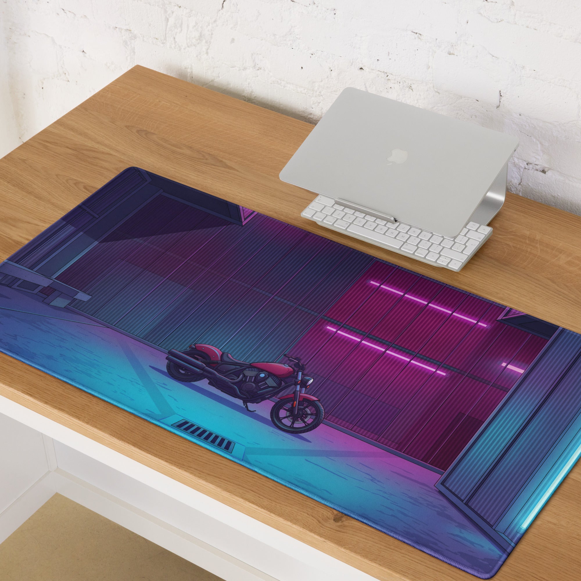Indian Scout Bobber Inspired Magenta Blue Vaporwave Gaming Mouse Pad – Neon Industrial Garage Desk Mat, Retro Futuristic Cruiser Digital Art