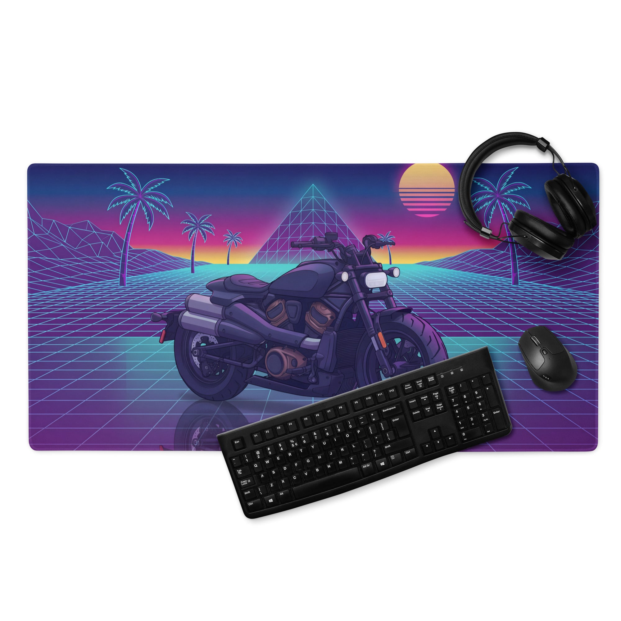Sportster S Inspired Black Purple Vaporwave Gaming Mouse Pad – Neon Palm Sunset Grid Desk Mat, Retro Futuristic Cruiser Digital Art