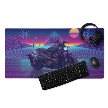 Sportster S Inspired Black Purple Vaporwave Gaming Mouse Pad – Neon Palm Sunset Grid Desk Mat, Retro Futuristic Cruiser Digital Art