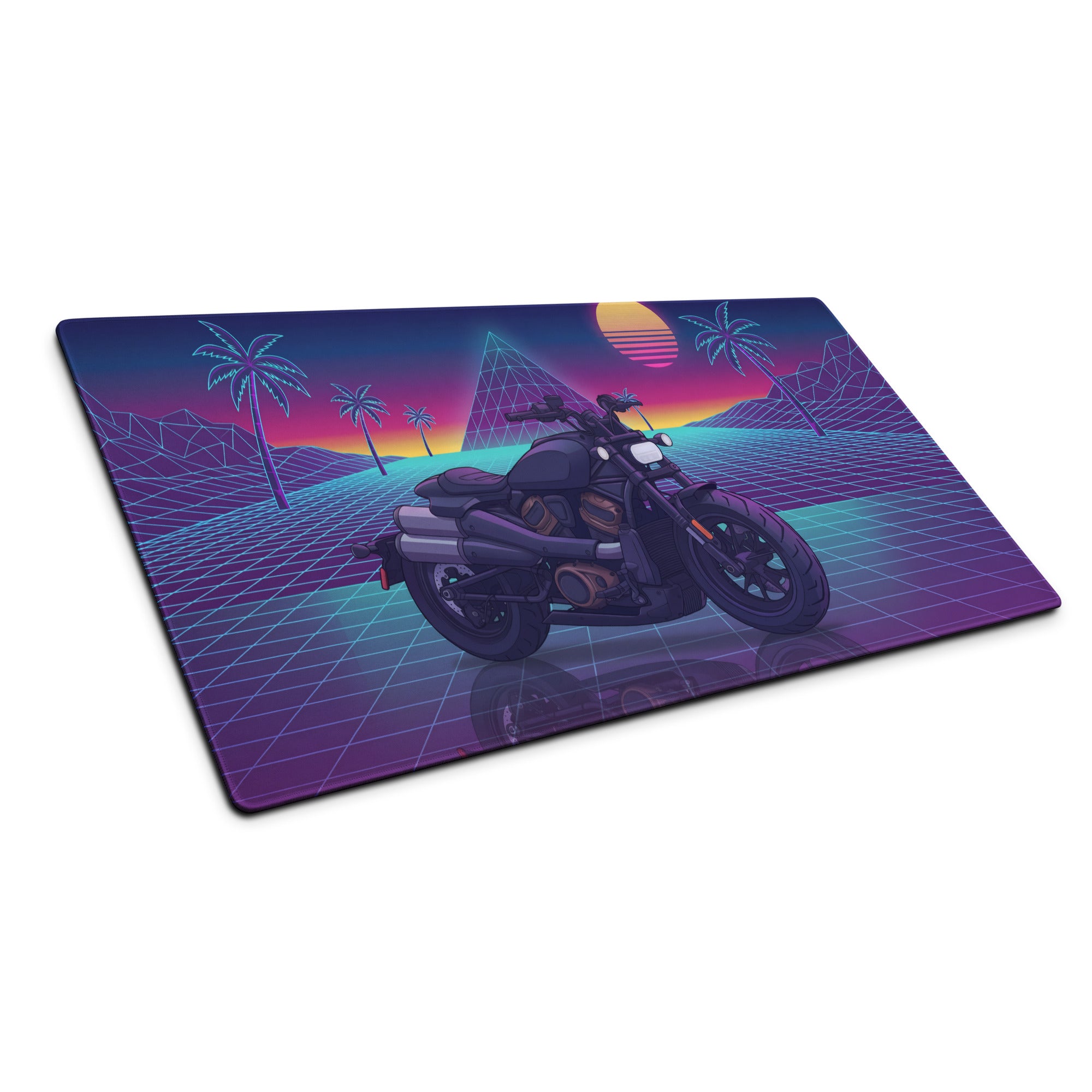 Sportster S Inspired Black Purple Vaporwave Gaming Mouse Pad – Neon Palm Sunset Grid Desk Mat, Retro Futuristic Cruiser Digital Art