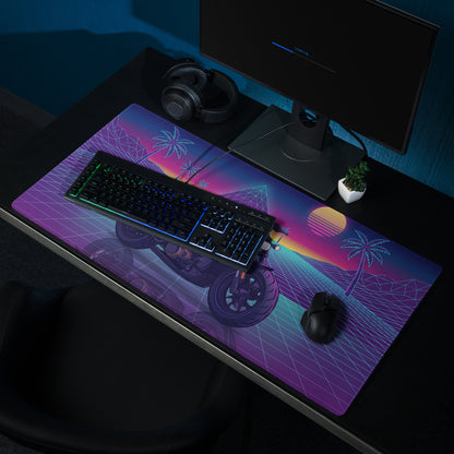 Sportster S Inspired Black Purple Vaporwave Gaming Mouse Pad – Neon Palm Sunset Grid Desk Mat, Retro Futuristic Cruiser Digital Art
