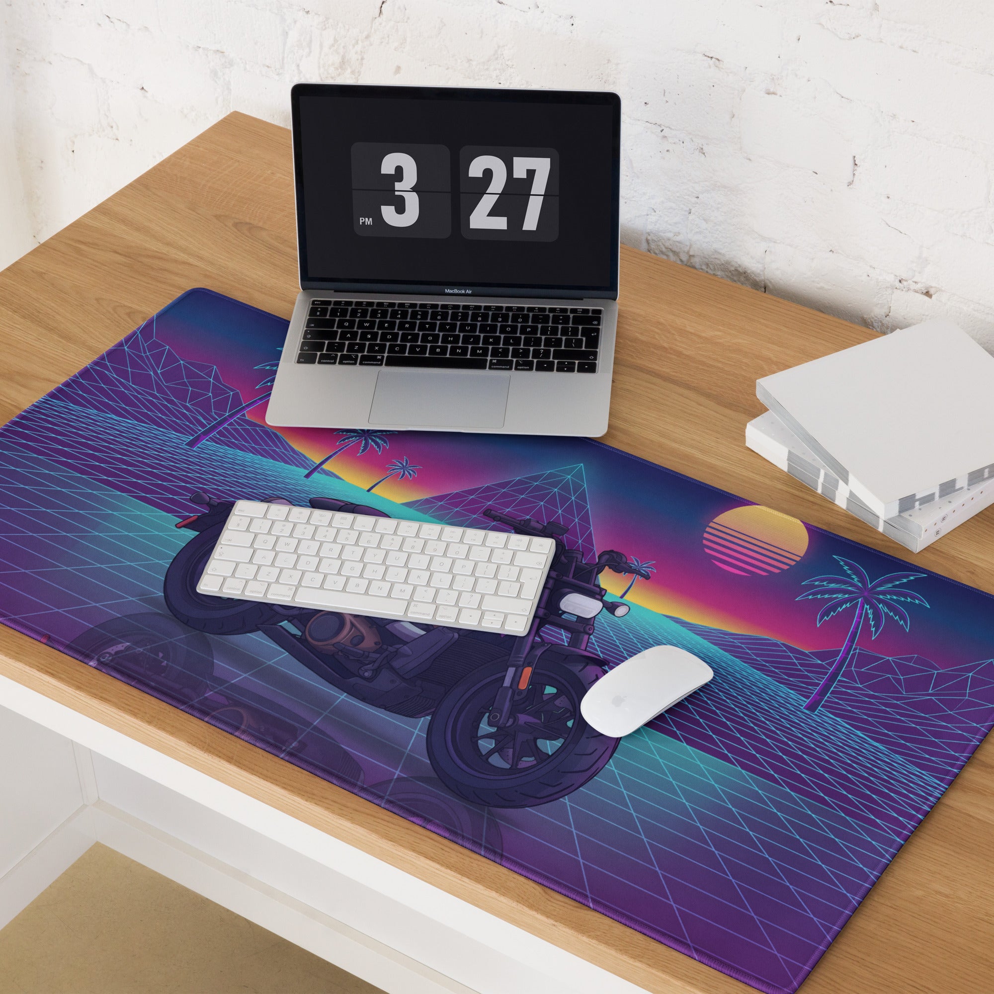 Sportster S Inspired Black Purple Vaporwave Gaming Mouse Pad – Neon Palm Sunset Grid Desk Mat, Retro Futuristic Cruiser Digital Art