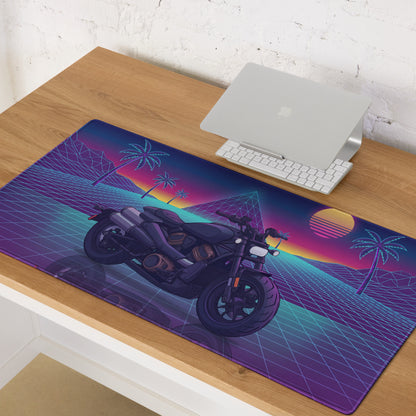 Sportster S Inspired Black Purple Vaporwave Gaming Mouse Pad – Neon Palm Sunset Grid Desk Mat, Retro Futuristic Cruiser Digital Art