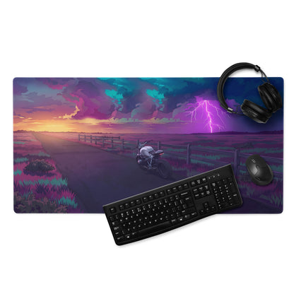 BMW R nineT Inspired Silver Purple Vaporwave Gaming Mouse Pad – Stormy Sunset Road Desk Mat, Neon Lightning Café Racer Digital Art