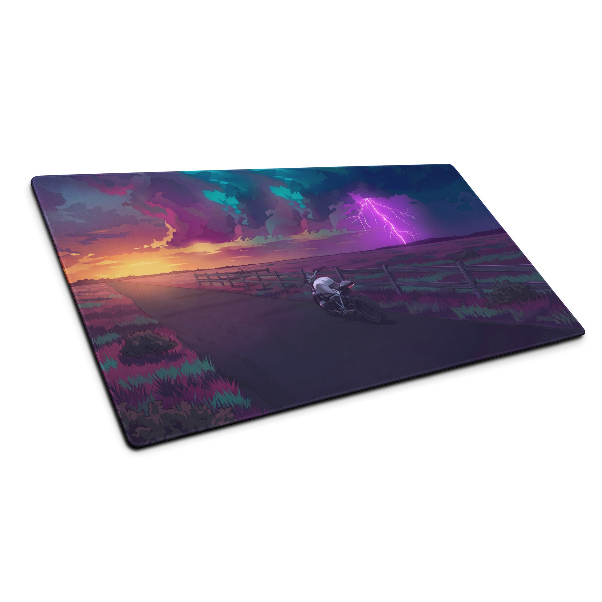 BMW R nineT Inspired Silver Purple Vaporwave Gaming Mouse Pad – Stormy Sunset Road Desk Mat, Neon Lightning Café Racer Digital Art