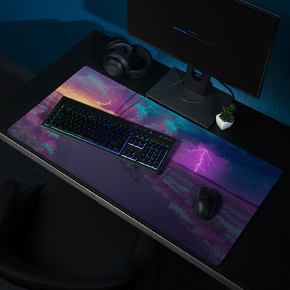 BMW R nineT Inspired Silver Purple Vaporwave Gaming Mouse Pad – Stormy Sunset Road Desk Mat, Neon Lightning Café Racer Digital Art
