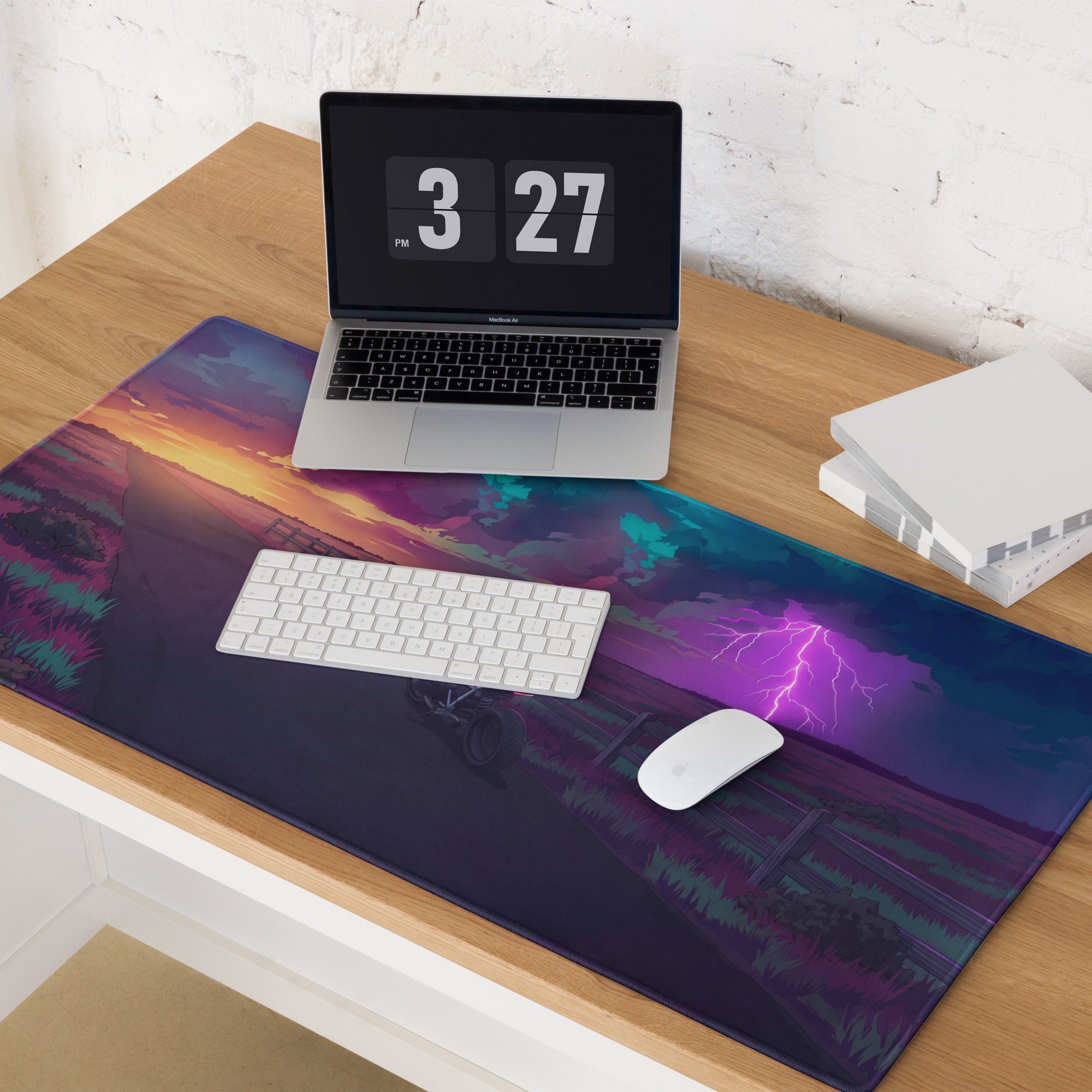 BMW R nineT Inspired Silver Purple Vaporwave Gaming Mouse Pad – Stormy Sunset Road Desk Mat, Neon Lightning Café Racer Digital Art