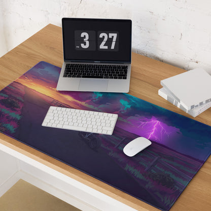 BMW R nineT Inspired Silver Purple Vaporwave Gaming Mouse Pad – Stormy Sunset Road Desk Mat, Neon Lightning Café Racer Digital Art