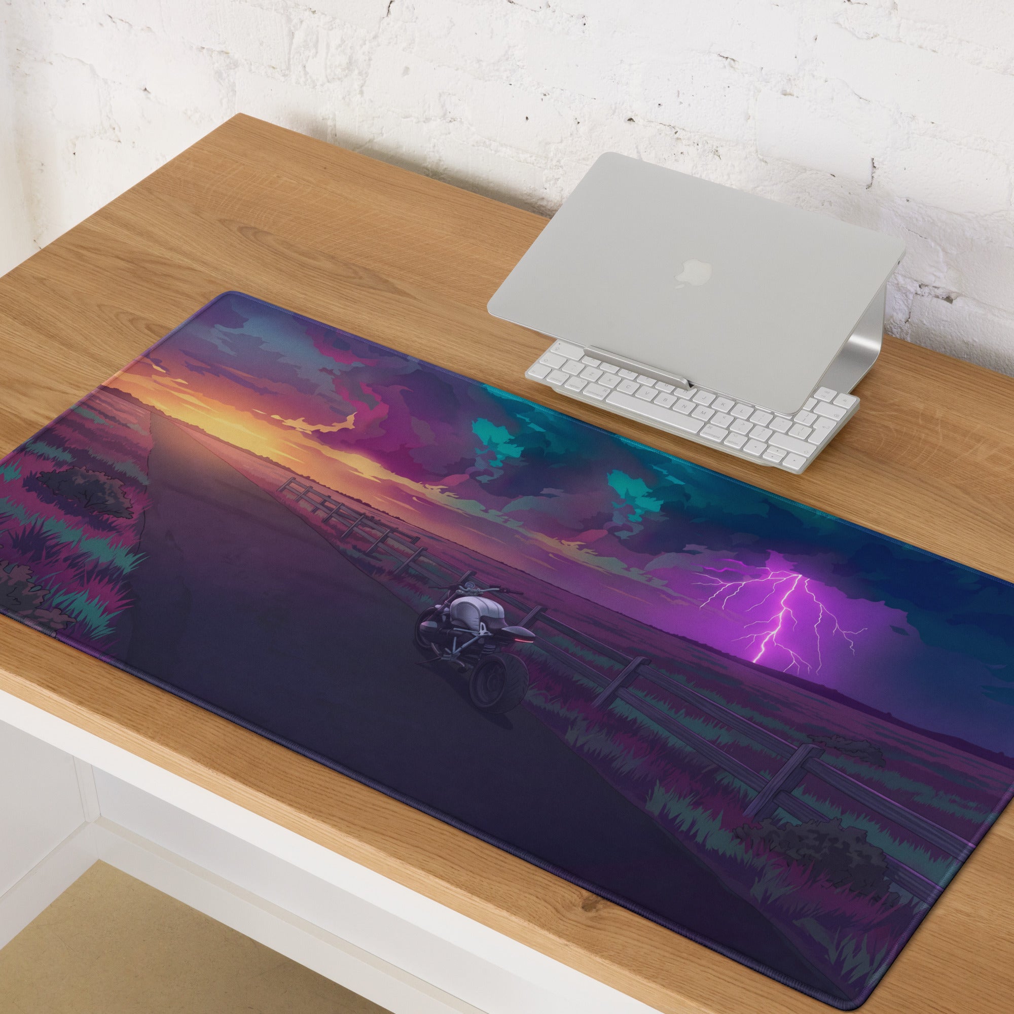 BMW R nineT Inspired Silver Purple Vaporwave Gaming Mouse Pad – Stormy Sunset Road Desk Mat, Neon Lightning Café Racer Digital Art