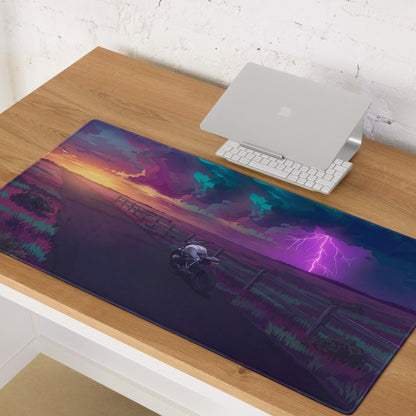 BMW R nineT Inspired Silver Purple Vaporwave Gaming Mouse Pad – Stormy Sunset Road Desk Mat, Neon Lightning Café Racer Digital Art
