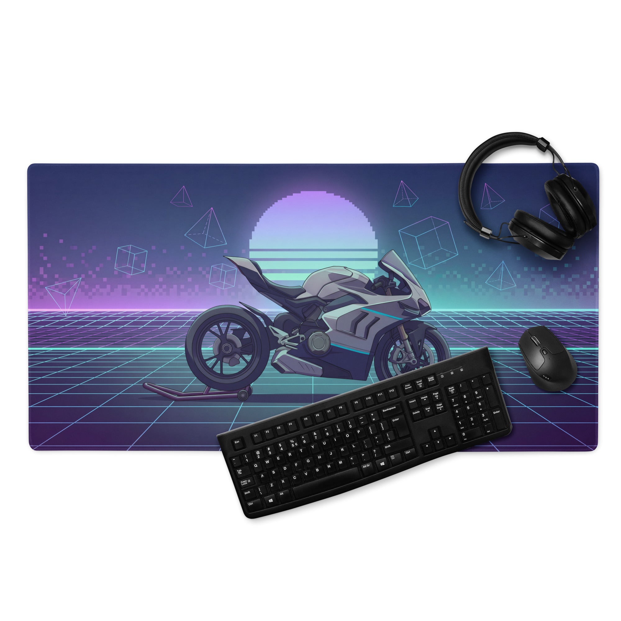 Ducati Panigale V4 Inspired Silver Blue Vaporwave Gaming Mouse Pad – Neon Grid Desk Mat, Retro Futuristic Synthwave Superbike Digital Art