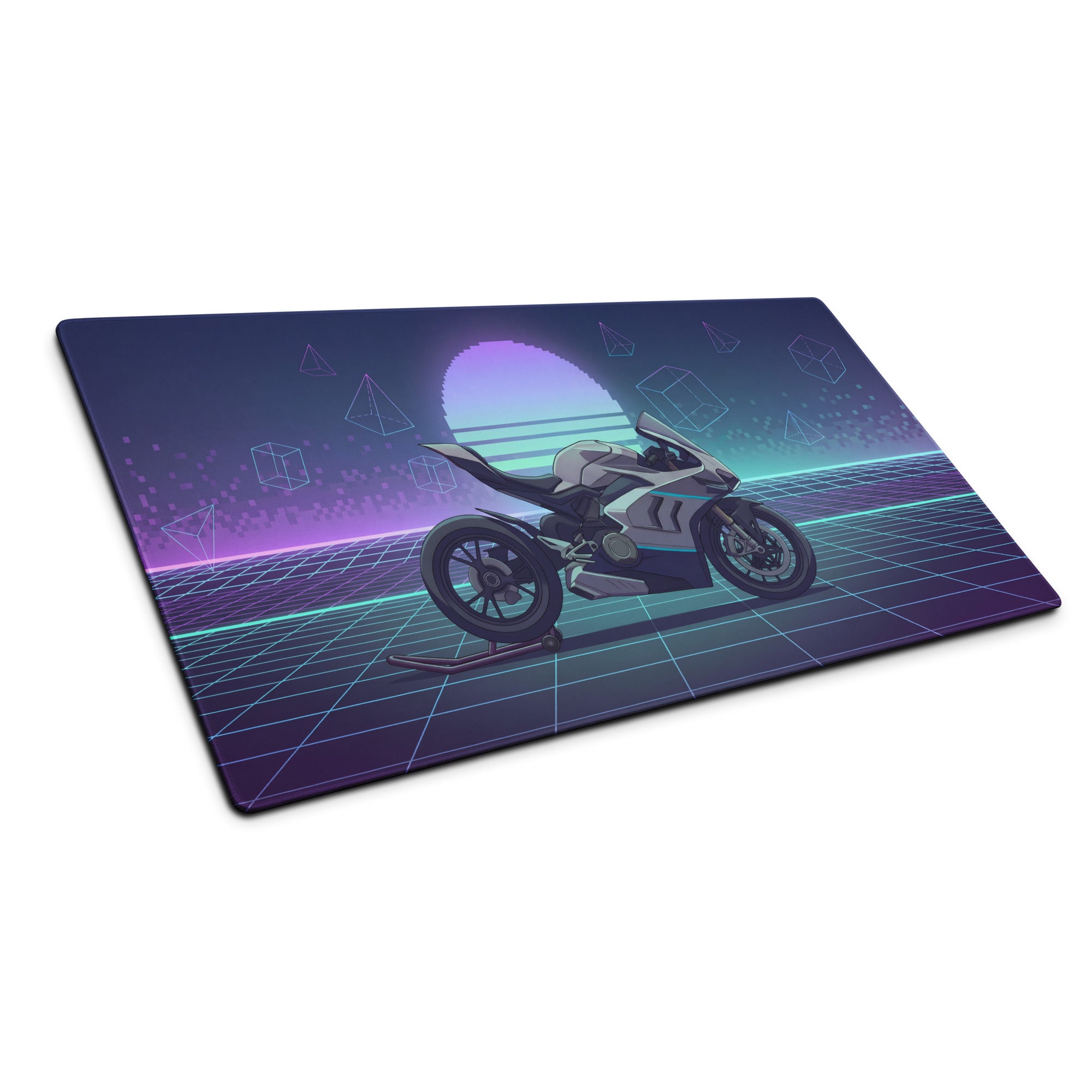 Ducati Panigale V4 Inspired Silver Blue Vaporwave Gaming Mouse Pad – Neon Grid Desk Mat, Retro Futuristic Synthwave Superbike Digital Art