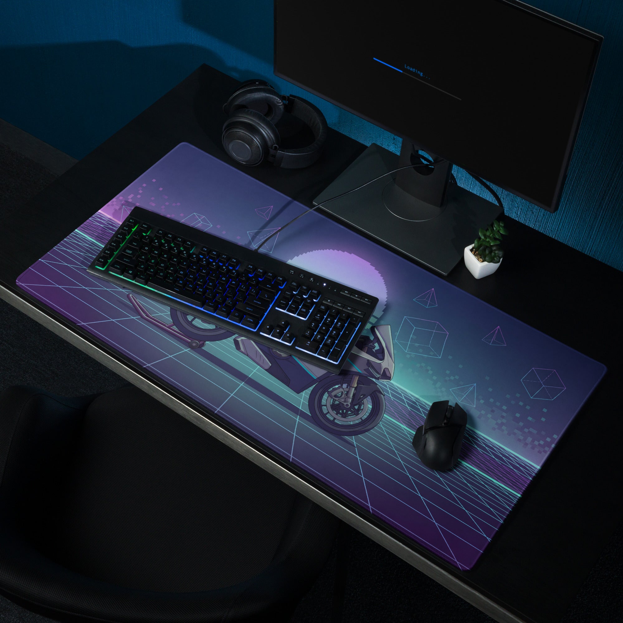 Ducati Panigale V4 Inspired Silver Blue Vaporwave Gaming Mouse Pad – Neon Grid Desk Mat, Retro Futuristic Synthwave Superbike Digital Art
