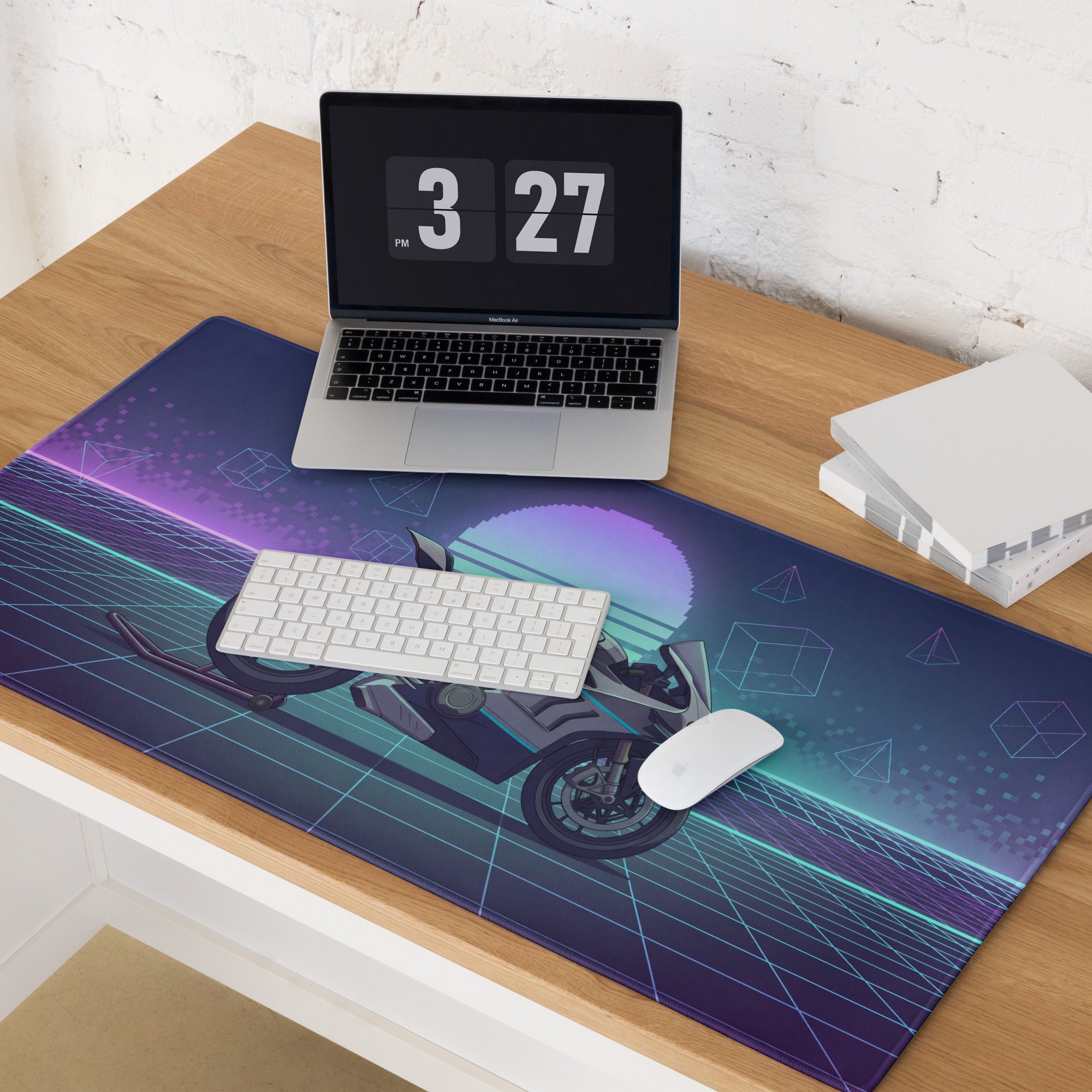 Ducati Panigale V4 Inspired Silver Blue Vaporwave Gaming Mouse Pad – Neon Grid Desk Mat, Retro Futuristic Synthwave Superbike Digital Art
