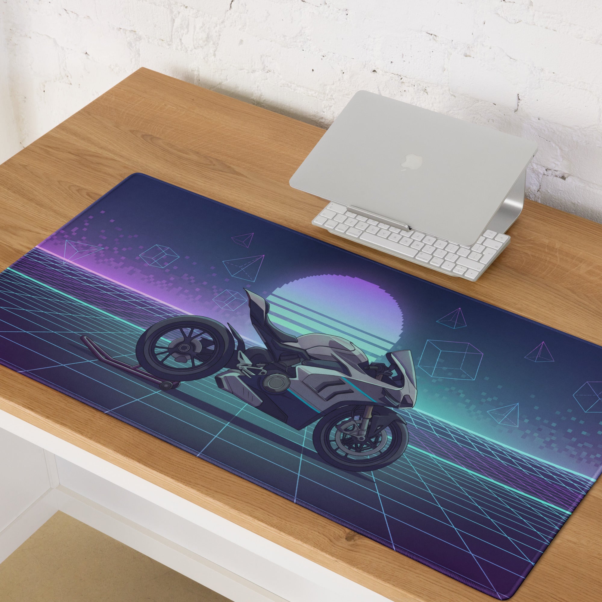 Ducati Panigale V4 Inspired Silver Blue Vaporwave Gaming Mouse Pad – Neon Grid Desk Mat, Retro Futuristic Synthwave Superbike Digital Art