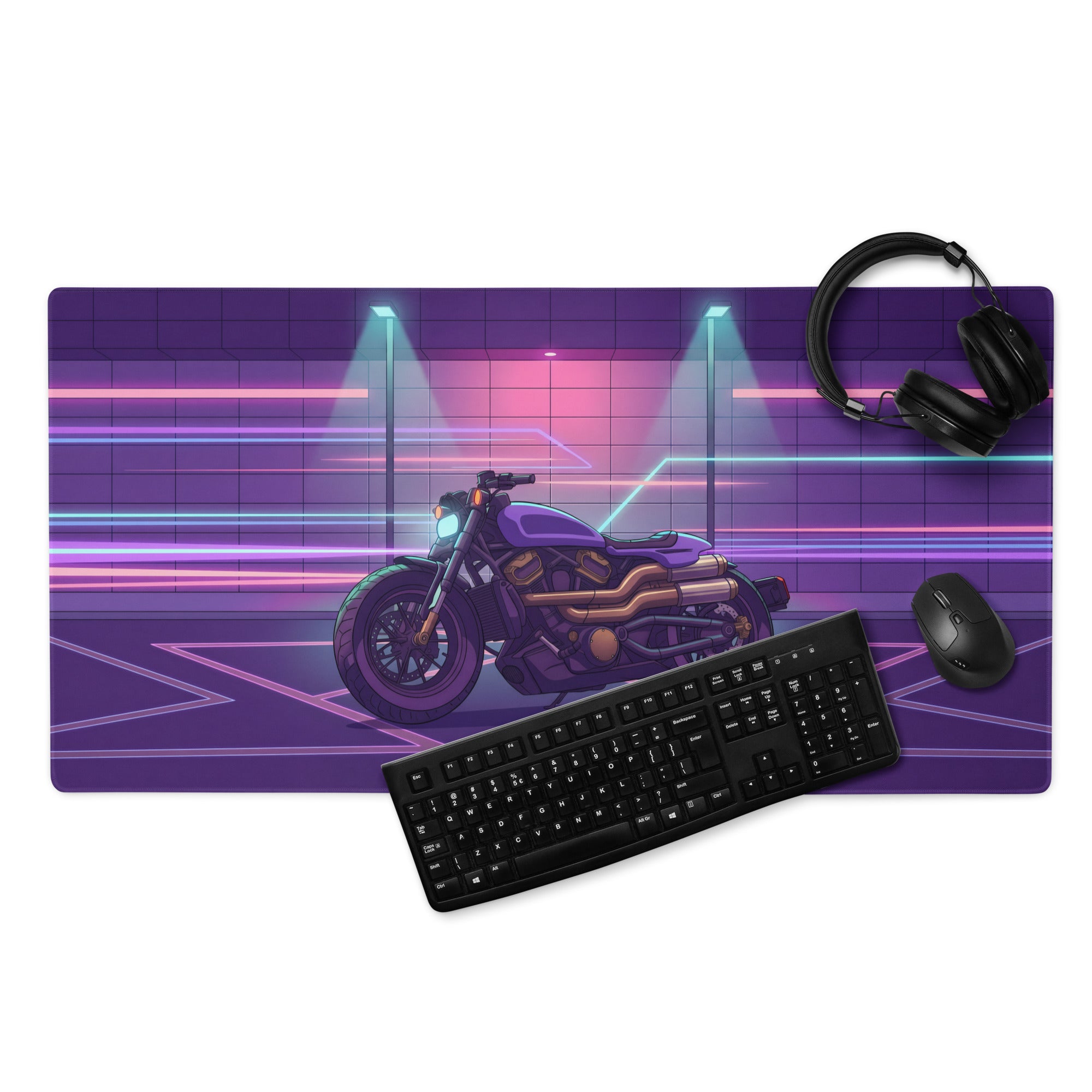 Sportster S Inspired Purple Gold Vaporwave Gaming Mouse Pad – Neon Cyber Garage Desk Mat, Retro Futuristic Cruiser Digital Art