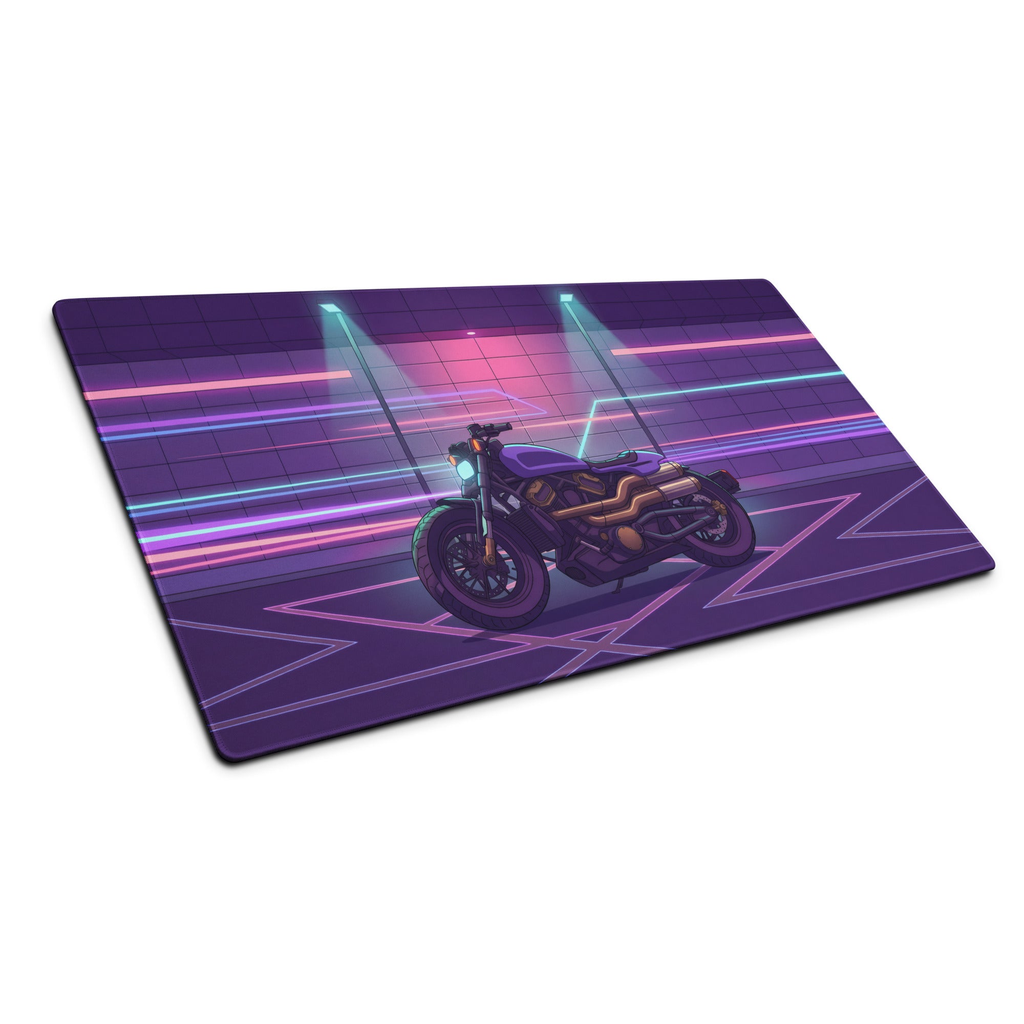 Sportster S Inspired Purple Gold Vaporwave Gaming Mouse Pad – Neon Cyber Garage Desk Mat, Retro Futuristic Cruiser Digital Art