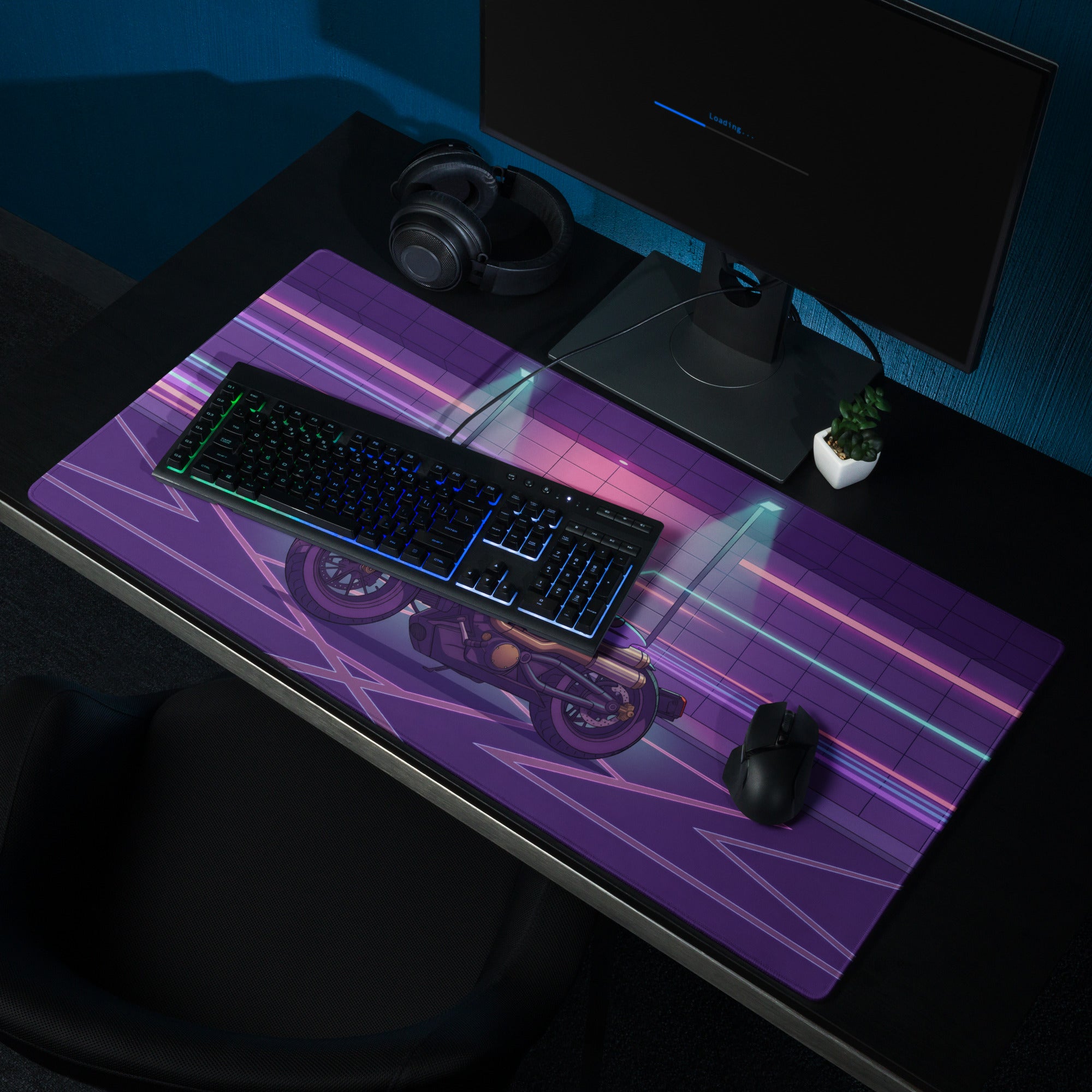 Sportster S Inspired Purple Gold Vaporwave Gaming Mouse Pad – Neon Cyber Garage Desk Mat, Retro Futuristic Cruiser Digital Art