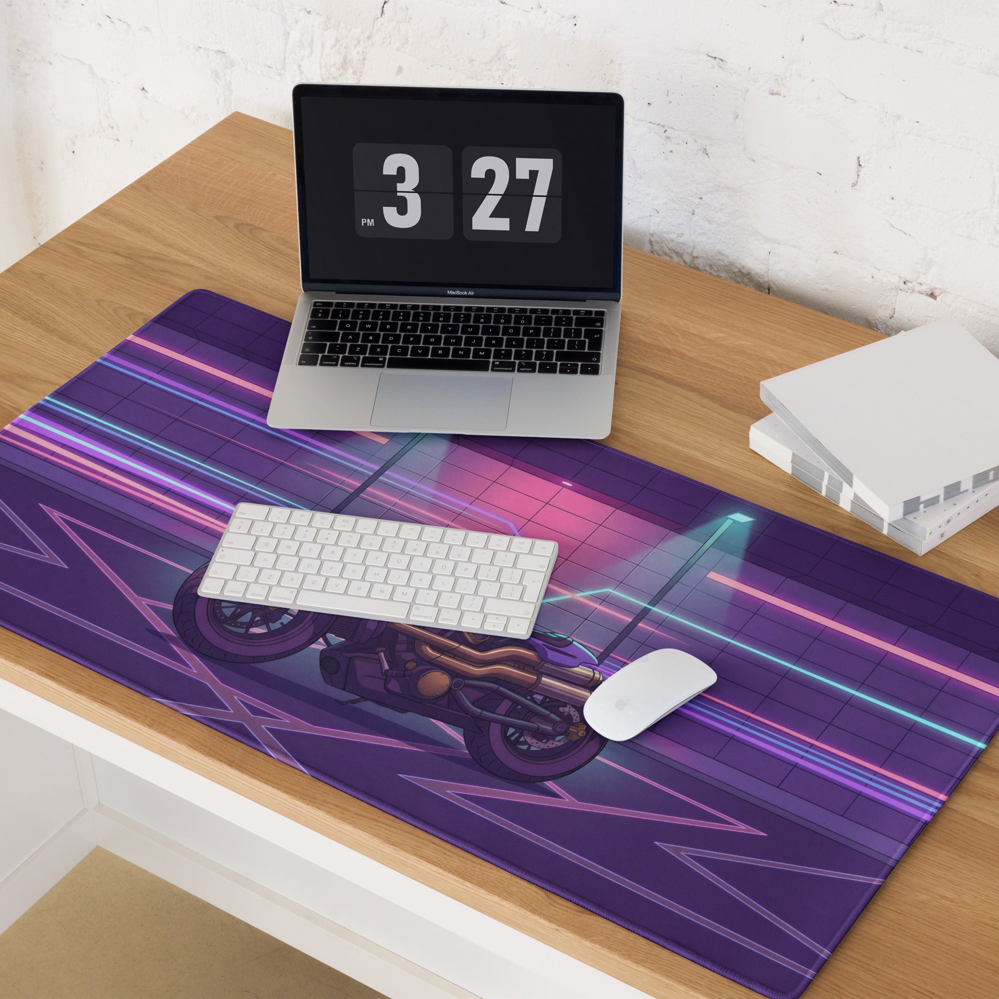 Sportster S Inspired Purple Gold Vaporwave Gaming Mouse Pad – Neon Cyber Garage Desk Mat, Retro Futuristic Cruiser Digital Art
