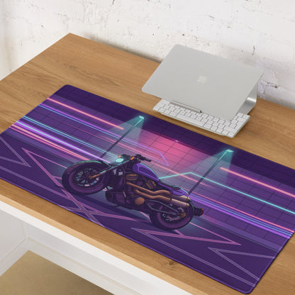 Sportster S Inspired Purple Gold Vaporwave Gaming Mouse Pad – Neon Cyber Garage Desk Mat, Retro Futuristic Cruiser Digital Art