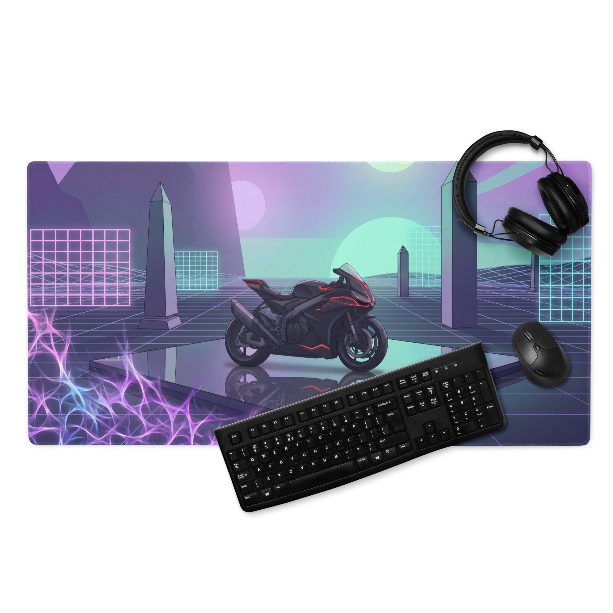 Aprilia RSV4 1100 Inspired Black Pink Vaporwave Gaming Mouse Pad – Neon Geometric Grid Desk Mat, Retro Futuristic Synthwave Superbike Digital Art