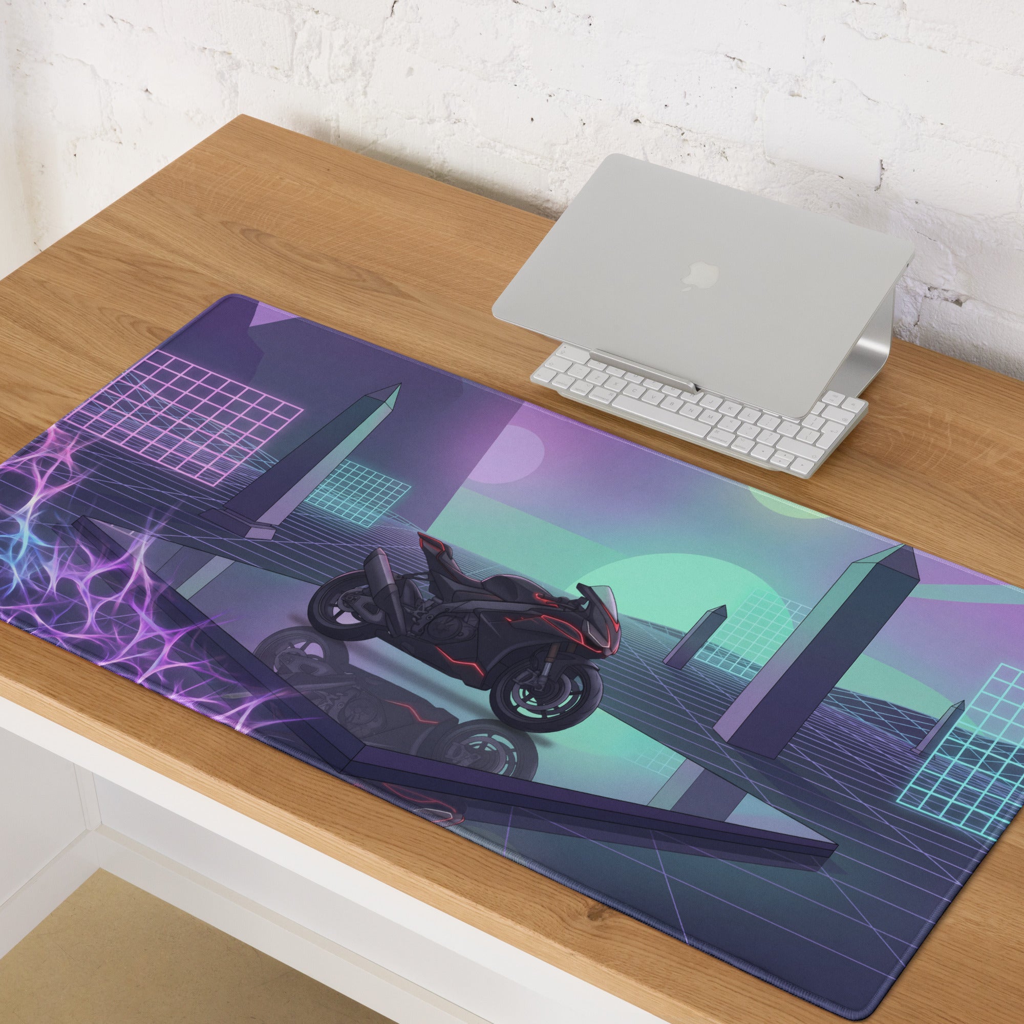 Aprilia RSV4 1100 Inspired Black Pink Vaporwave Gaming Mouse Pad – Neon Geometric Grid Desk Mat, Retro Futuristic Synthwave Superbike Digital Art