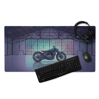 Royal Enfield Concept KX Inspired Blue Purple Vaporwave Gaming Mouse Pad – Moody Neon Garage Desk Mat, Retro Futuristic Bobber Motorcycle Digital Art