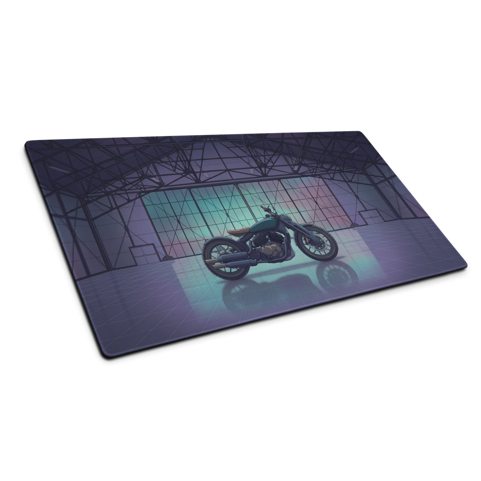 Royal Enfield Concept KX Inspired Blue Purple Vaporwave Gaming Mouse Pad – Moody Neon Garage Desk Mat, Retro Futuristic Bobber Motorcycle Digital Art
