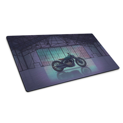 Royal Enfield Concept KX Inspired Blue Purple Vaporwave Gaming Mouse Pad – Moody Neon Garage Desk Mat, Retro Futuristic Bobber Motorcycle Digital Art