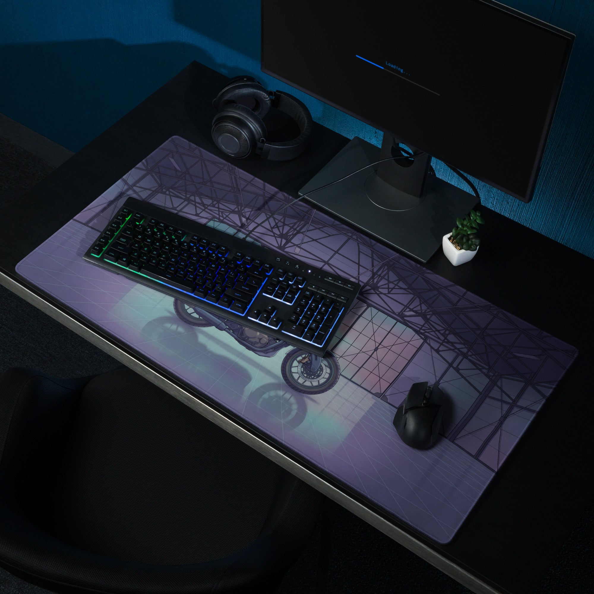 Royal Enfield Concept KX Inspired Blue Purple Vaporwave Gaming Mouse Pad – Moody Neon Garage Desk Mat, Retro Futuristic Bobber Motorcycle Digital Art