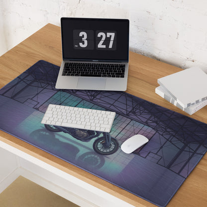 Royal Enfield Concept KX Inspired Blue Purple Vaporwave Gaming Mouse Pad – Moody Neon Garage Desk Mat, Retro Futuristic Bobber Motorcycle Digital Art