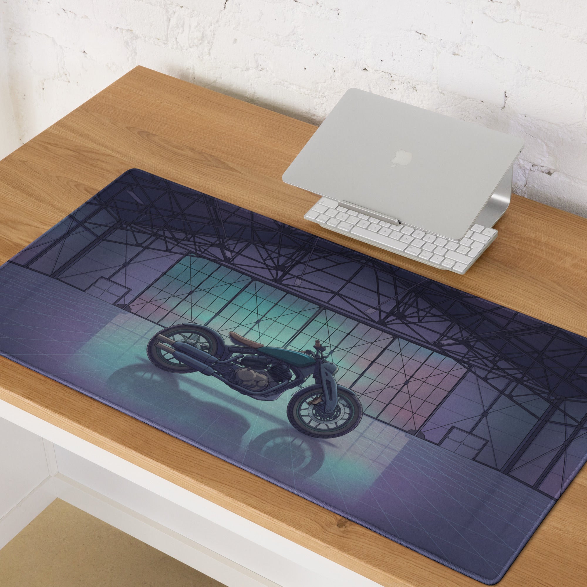 Royal Enfield Concept KX Inspired Blue Purple Vaporwave Gaming Mouse Pad – Moody Neon Garage Desk Mat, Retro Futuristic Bobber Motorcycle Digital Art