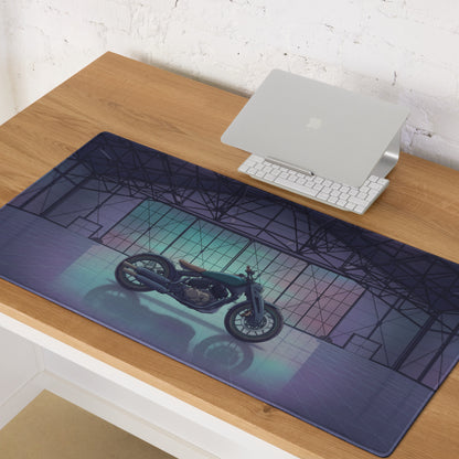 Royal Enfield Concept KX Inspired Blue Purple Vaporwave Gaming Mouse Pad – Moody Neon Garage Desk Mat, Retro Futuristic Bobber Motorcycle Digital Art