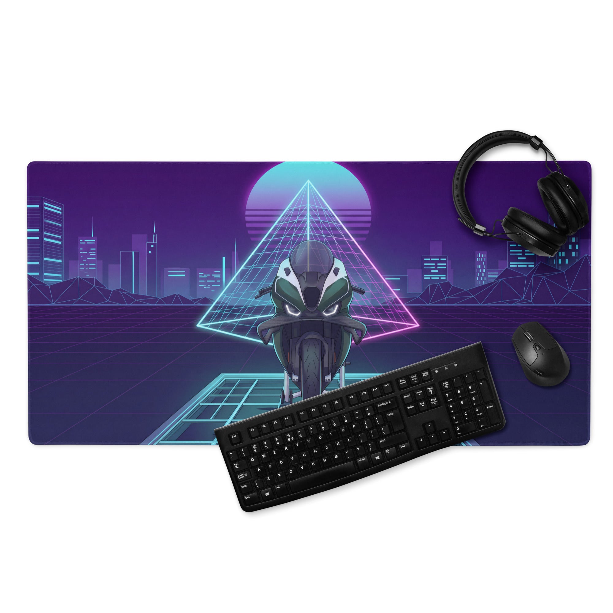 BMW M1000RR Inspired White Teal Vaporwave Gaming Mouse Pad – Neon Cyber City Desk Mat, Retro Futuristic Synthwave Sportbike Digital Art