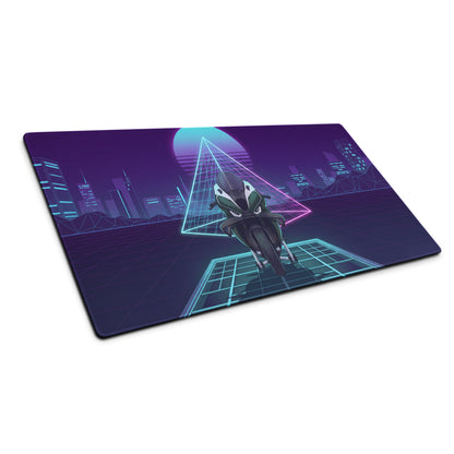 BMW M1000RR Inspired White Teal Vaporwave Gaming Mouse Pad – Neon Cyber City Desk Mat, Retro Futuristic Synthwave Sportbike Digital Art