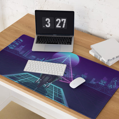 BMW M1000RR Inspired White Teal Vaporwave Gaming Mouse Pad – Neon Cyber City Desk Mat, Retro Futuristic Synthwave Sportbike Digital Art