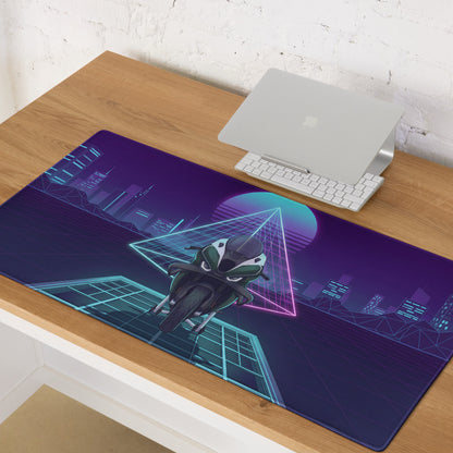 BMW M1000RR Inspired White Teal Vaporwave Gaming Mouse Pad – Neon Cyber City Desk Mat, Retro Futuristic Synthwave Sportbike Digital Art