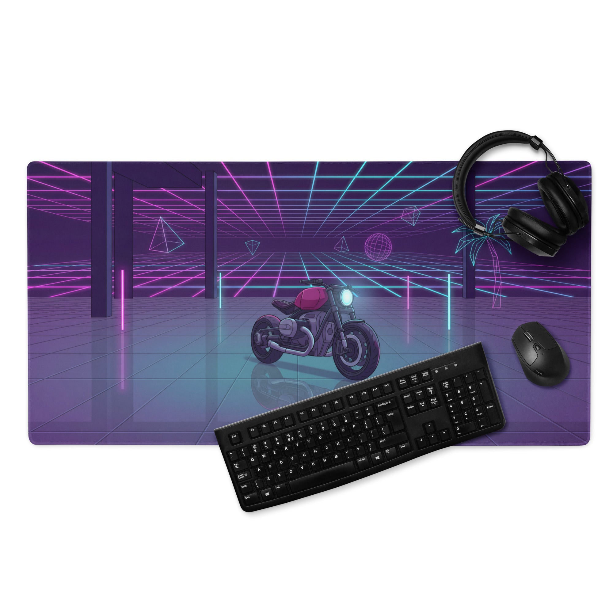 BMW R nineT Inspired Purple Cyan Vaporwave Gaming Mouse Pad – Neon Grid Garage Desk Mat, Retro Futuristic Roadster Motorcycle Digital Art