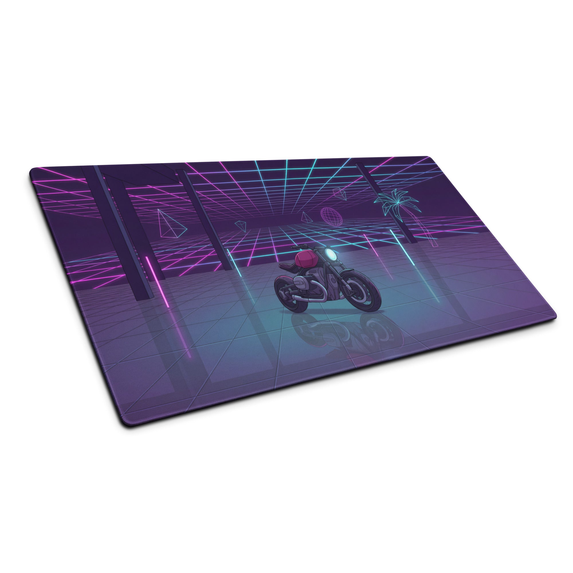 BMW R nineT Inspired Purple Cyan Vaporwave Gaming Mouse Pad – Neon Grid Garage Desk Mat, Retro Futuristic Roadster Motorcycle Digital Art