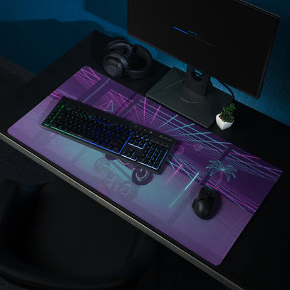 BMW R nineT Inspired Purple Cyan Vaporwave Gaming Mouse Pad – Neon Grid Garage Desk Mat, Retro Futuristic Roadster Motorcycle Digital Art
