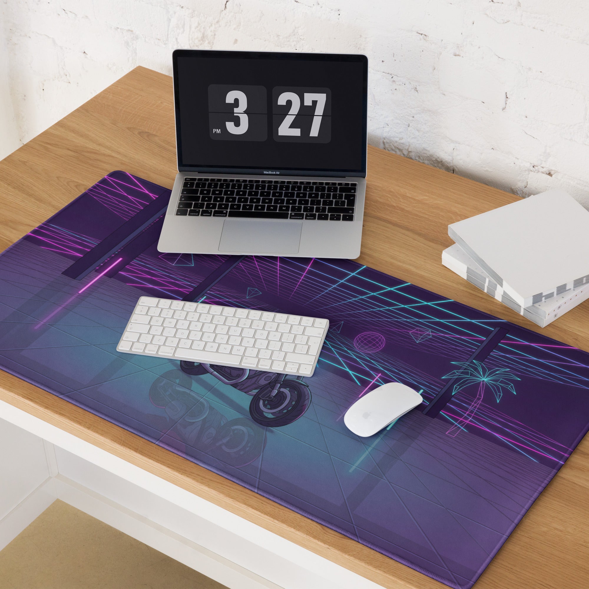 BMW R nineT Inspired Purple Cyan Vaporwave Gaming Mouse Pad – Neon Grid Garage Desk Mat, Retro Futuristic Roadster Motorcycle Digital Art