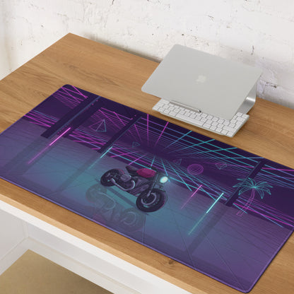 BMW R nineT Inspired Purple Cyan Vaporwave Gaming Mouse Pad – Neon Grid Garage Desk Mat, Retro Futuristic Roadster Motorcycle Digital Art