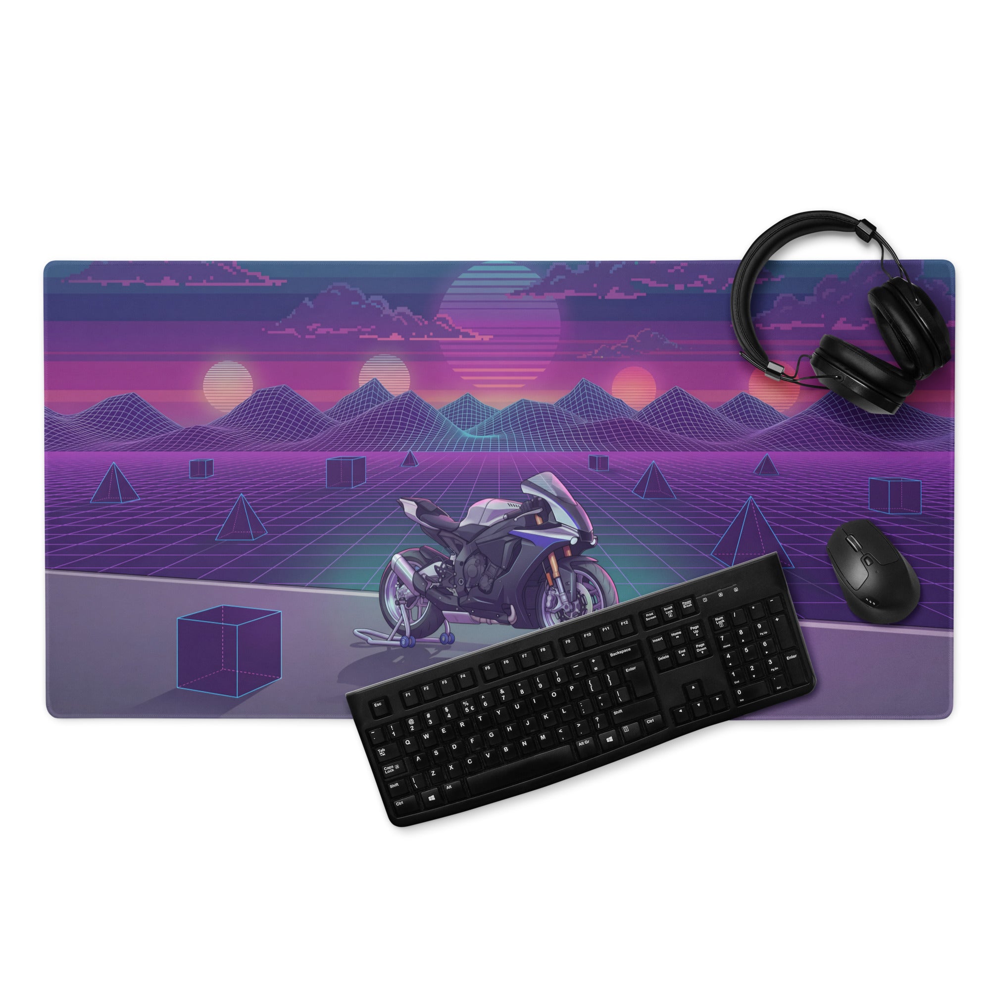 Yamaha R1M Inspired Silver Purple Vaporwave Gaming Mouse Pad – Neon Sunset Grid Desk Mat, Retro Futuristic Supersport Motorcycle Digital Art
