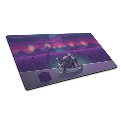 Yamaha R1M Inspired Silver Purple Vaporwave Gaming Mouse Pad – Neon Sunset Grid Desk Mat, Retro Futuristic Supersport Motorcycle Digital Art