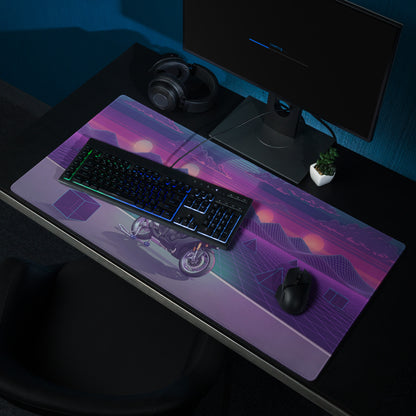 Yamaha R1M Inspired Silver Purple Vaporwave Gaming Mouse Pad – Neon Sunset Grid Desk Mat, Retro Futuristic Supersport Motorcycle Digital Art